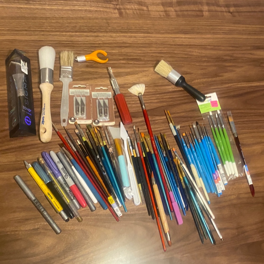 Mixed LOT Media Crafter’s Art acrylic Brushes, hot knife points, pens, new/used